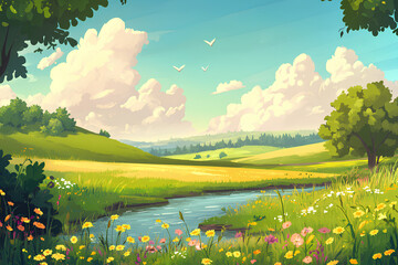 A serene landscape featuring a river, fields, and blooming flowers under a blue sky.