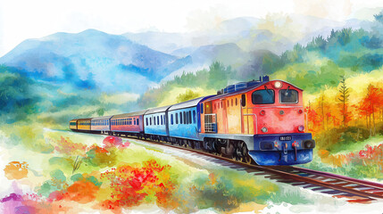 A vibrant watercolor painting of a train traveling through a scenic landscape of mountains and colorful foliage.