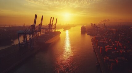 Wall Mural - A stunning aerial view of a busy container port at sunset with ships docked and cranes working.