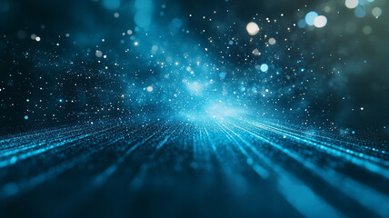 Poster - Abstract illustration of digital particles moving through a cosmic landscape in a dark backdrop