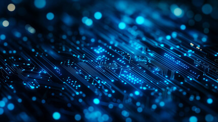 Poster - Abstract digital circuit board illustration with glowing blue lights in a dark setting