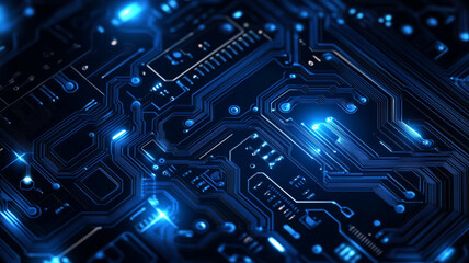 Poster - Blue circuit board illustration showcasing intricate patterns and glowing elements in technology