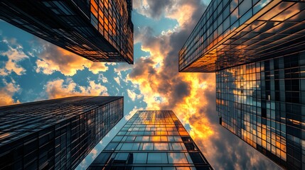 Wall Mural - Skyscrapers reflecting sunset clouds