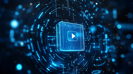 Poster - Digital illustration of a futuristic play button surrounded by glowing circuit patterns