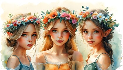 Enchanting Watercolor Illustrations of Charming Fairy Girls Adorned with Flower Crowns in a Whimsical Collection