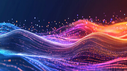 Poster - Vibrant abstract illustration of colorful waves and particles in a digital landscape at twilight