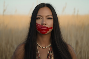 young native american, indigenous, first nations woman with red handprint on face, missing women sym