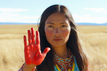 Wall Mural - Young Native American, Indigenous, First Nations woman holding up red hand, missing women symbol