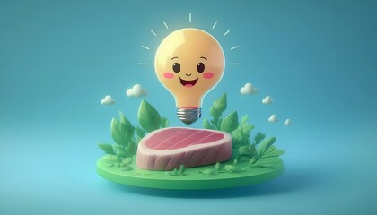 Wall Mural - 3D render of a cute pastel cartoon steak with vegetables and herbs in a cute menu concept from Steak.