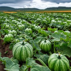 Wall Mural - A field of green pumpkins (Cucurbita maxima), perfect for the fall harvest season and markets