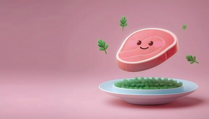 Wall Mural - 3D render of a cute pastel cartoon steak with vegetables and herbs in a cute menu concept from Steak.