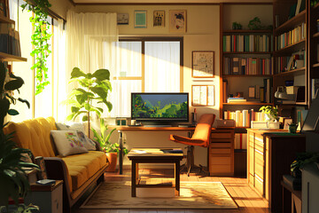 Poster - A cozy home office with sunlight, plants, and a computer, creating a warm work environment.