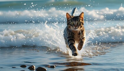 Wall Mural - playful cat and dot racing along the shoreline with splashes of water in a vibrant, dynamic scene