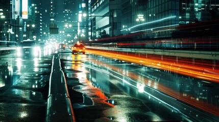 Neon-lit city street reflecting in wet pavement at night