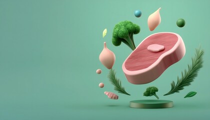 Wall Mural - 3D render of cute pastel-colored steak with vegetables and herbs in a cute menu concept from Steak.