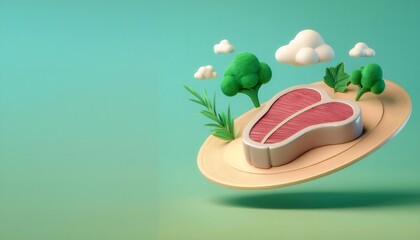 Wall Mural - 3D render of cute pastel-colored steak with vegetables and herbs in a cute menu concept from Steak.