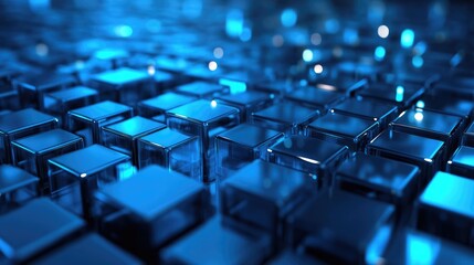 Abstract background of shiny blue cubes with shallow depth of field and blue bokeh.