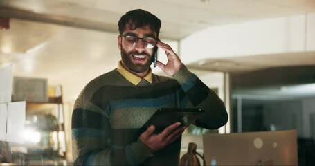 Night, phone call and tablet with designer man in office for information, research or web development. Conversation, idea and window with professional developer or employee in workplace for planning
