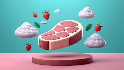 Wall Mural - 3D render of cute pastel-colored steak with vegetables and herbs in a cute menu concept from Steak.