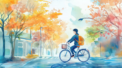 A vibrant watercolor scene of a cyclist riding through an autumn landscape, surrounded by colorful trees and city streets.