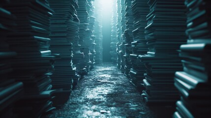 A Narrow Pathway Through a Towering Wall of Books