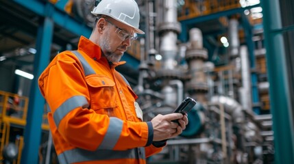 Wall Mural - A worker in safety gear checks his phone in an industrial setting, surrounded by machinery and equipment.