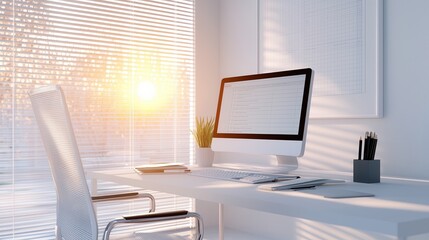 Wall Mural - Modern White Office Desk with Sunlight Streaming Through Blinds.