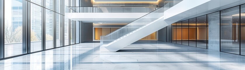 Aufkleber - Modern interior of a spacious building with large windows and contemporary architectural design.
