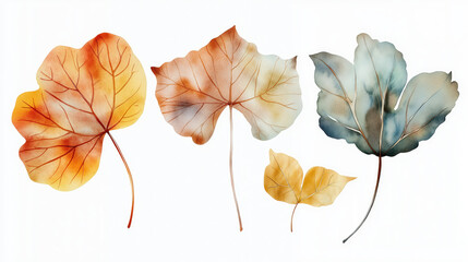 Wall Mural - Beautiful watercolor leaves in warm autumn hues, perfect for seasonal decorations and nature-themed designs.