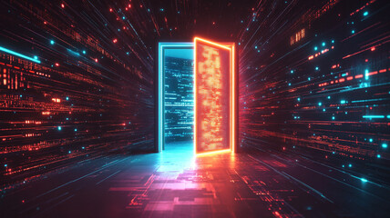 Poster - A glowing doorway emerges amidst a digital landscape of vibrant colors and data streams at night