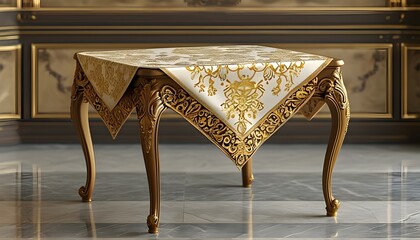 Wall Mural - Luxurious dining setting featuring an ornate table adorned with a gold patterned tablecloth