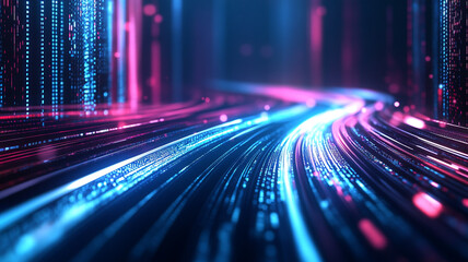 Poster - Colorful digital light trails winding through a futuristic landscape at night