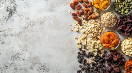 A flat lay of various dried fruits, seeds, and grains on a light surface, copy space on the side.