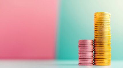 Poster - Gold and Rose Gold Coins Stacked on Pink and Green Background.