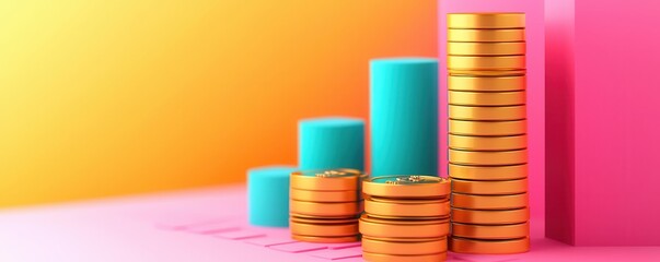 Poster - Golden Coins Stacked on Colorful Background.