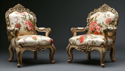 Wall Mural - Opulent antique chair featuring intricate carvings and vibrant floral upholstery