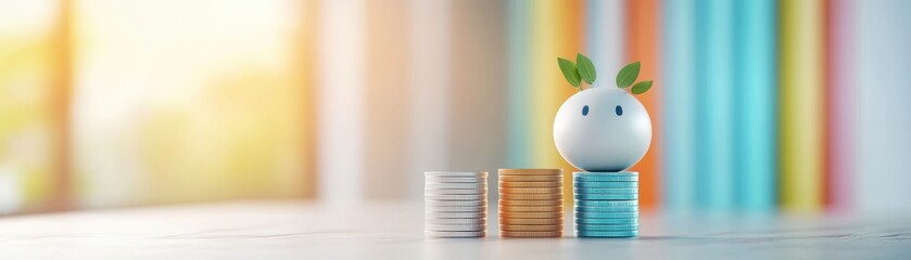 Egg with green leaves on top of coins.