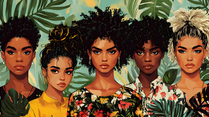 Wall Mural - Beautiful Black Women with Afro Hairstyles and Tropical Leaves