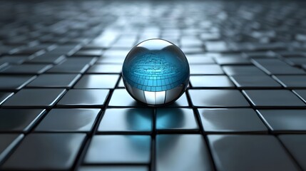 Wall Mural - Blue Glass Sphere on Shiny Gray Tiles Abstract Background