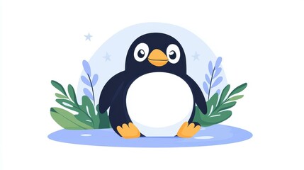 Wall Mural - A charming cartoon penguin lounging peacefully, showcasing a modern flat design rich in textures, perfect for all ages.