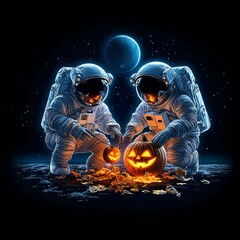 Astronauts Celebrating Halloween in Space with Jack O Lanterns