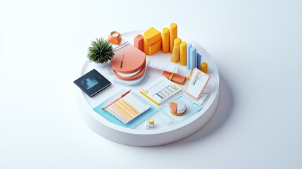 Poster - Circular 3D model of business expenses in layers, top view, with space for copy.
