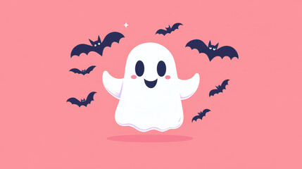 Poster - A cheerful ghost surrounded by adorable bats, set against a vibrant pink backdrop, ideal for Halloween designs.