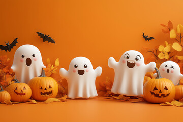 Artwork showcasing cute ghosts and festive pumpkins