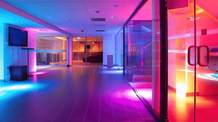 Poster - Modern Interior Design with Neon Lights and Glass Walls