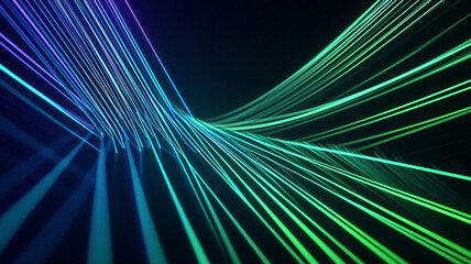 Poster - Vibrant abstract illustration of flowing lines in green and blue colors against a black background