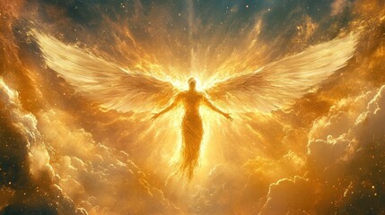 A radiant angel with outstretched arms, bathed in golden light, ascends through a sky filled with clouds.