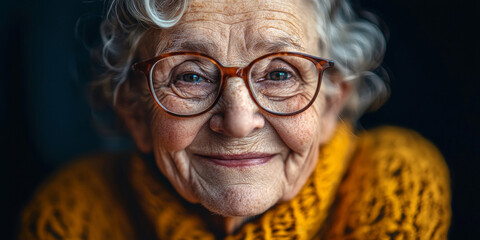 Poster - Smiling old woman wearing glasses, generative AI