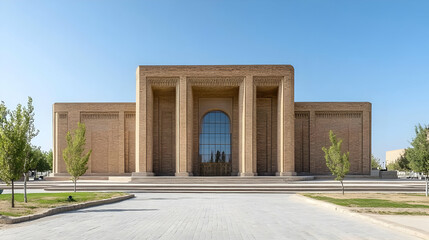 modern brick building with arched entrance and glass windows