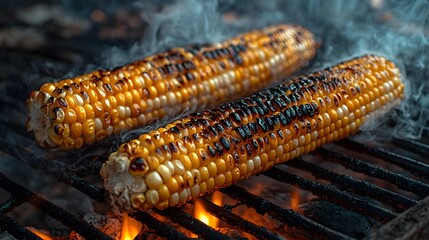 Grilled corn with smoke trails rising in a summer backyard, detailed kernels, grill grates, and soft glowing embers, rich textures of wood and metal